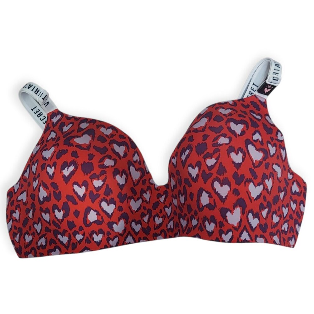 Victoria's Secret T-Shirt Lightly Lined Wireless Bra Size 38D Red Hearts Logo